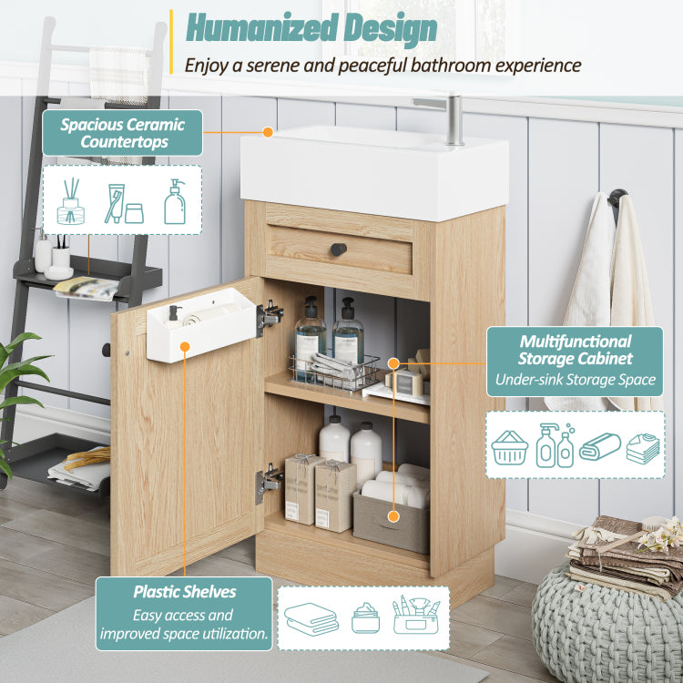 18.5" Bathroom Vanity With Reversible Resin Sink, Mdf Cabinet With Adjustable Shelf And Elegant Zinc Alloy Handles, Wood Grain Melamine Finish, Reversible Door, Rustic Style For Small Spaces