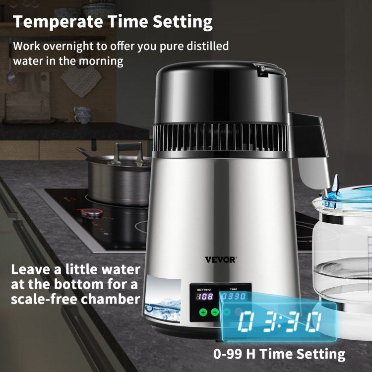 1.1 Gal Water Distiller, 0.3 Gal H, 750W Distilled Water Maker Machine 0 99H Timing Set Temp Display, 304 Stainless Steel Countertop Distiller Glass Carafe Cleaning Powder 3 Carbon Packs, Silver
