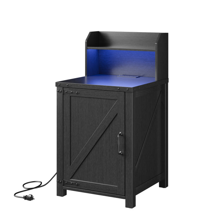Okd Nightstand With Charging Station, 18 Inch Farmhouse End Table With Barn Door And Adjustable Storage Shelf, Rustic Wood Sofa Side Table W Magnetic Door For Living Room, Bedroom, Antique Black