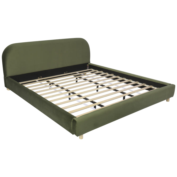 King Size Platform Bed With Velvet Fabric, Upholstered Platform Bed With Curve Shaped Design Headboard, Olive Green