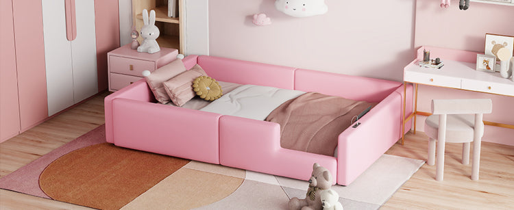Twin Size Upholstered Platform Bed With Guardrail And Charging Station, Pink