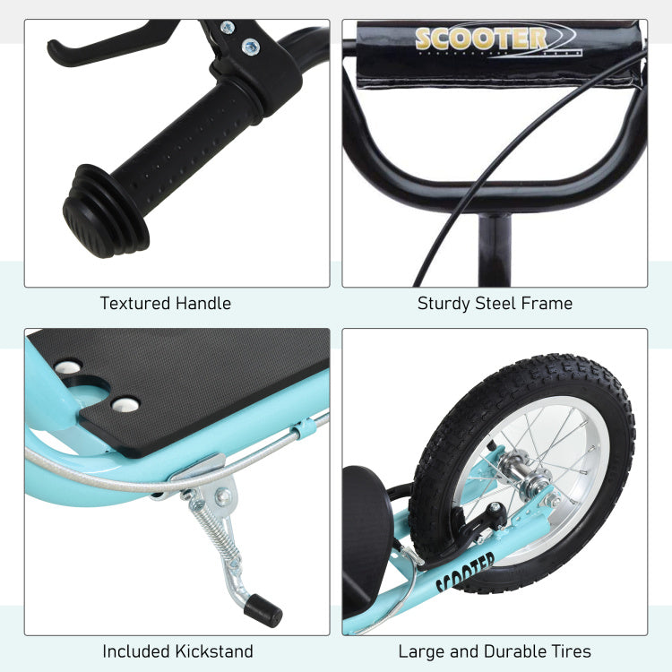 Aosom Youth Scooter, Teens Kick Scooter, Adjustable Handlebar Ride On Toy For 5 With 16" Front And 12" Rear Dual Brakes Inflatable Wheels, Blue