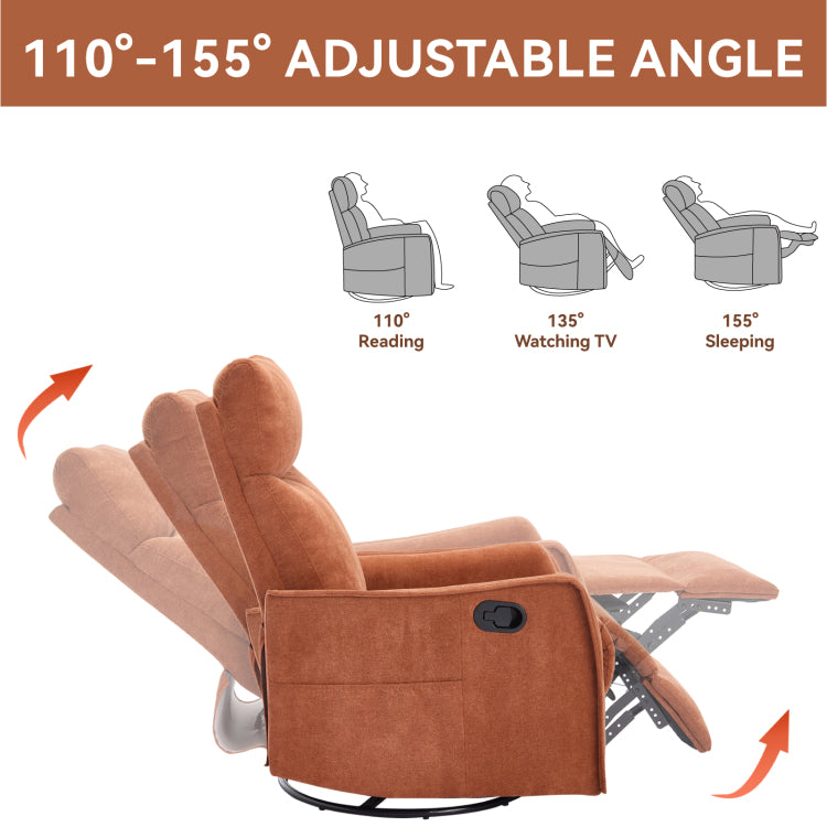 Heat Massage Manual Recliner Chair With Rocker And Swivel In Fabric For Living Room, Orange