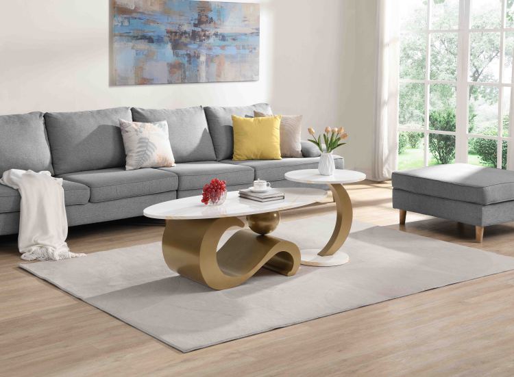 Modern Nesting Coffee Table Set Of 2 End Table For Living Room, Oval And Round Table Set, Golden