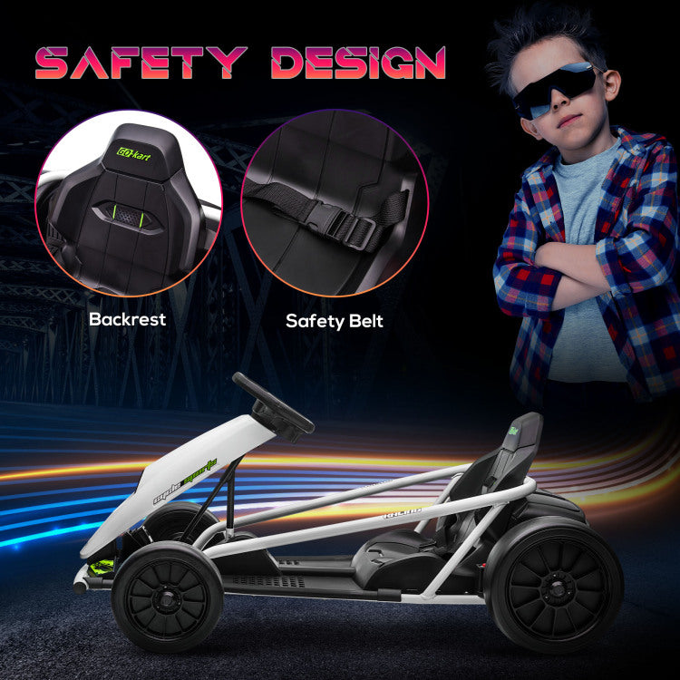 Aosom 24V 8.1 Mph Electric Go Kart, Drifting Car Battery Powered Ride On Toy Outdoor With Slow Start, Music, Horn Honking And Safety Belt, For 8 12 Years Old, White