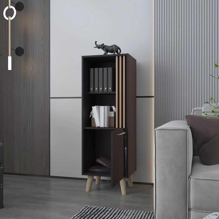 Wengue And Natural Oak Storage Cabinet With A Door And Open Storage