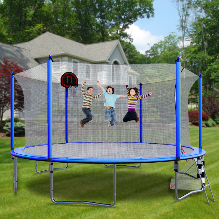 16Ft Trampoline With Basketball Hoop Pump And Ladder Inner Safety Enclosure With Soccer Goal Blue