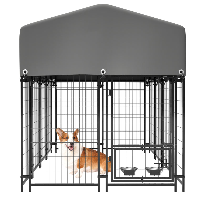 Dog Kennel Outdoor With Roof, 4.23'X7.81'X4.83' Welded Wire Enclosure, Heavy Duty Dog Crate With Uv Resistant Waterproof Cover, Double Lock & Rotating Feeder For Medium Large Dogs