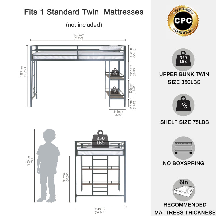 Adam Sturdy Junior Twin Loft Bed Black With Cinnamon Wood Shelf For Kids, Space Saving, Loft Bed With Easy Climbing Ladder And Guardrails, Loft Bed Frame For Bedroom