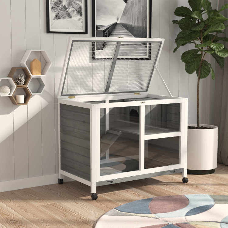 Pawhut Indoor Rabbit Hutch With Wheels, Desk And Side Table Sized, Wood Rabbit Cage, Waterproof Small Rabbit Cage, Gray