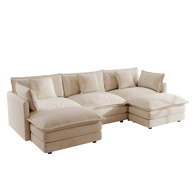 U Shaped Sectional Sofa W Reversible Footrest, 5 Seater Convertible Corner Couch With 2 Ottomans ,Modern Minimalist Soft Sofa & Couch For Living Room , Light Coffee Chenille