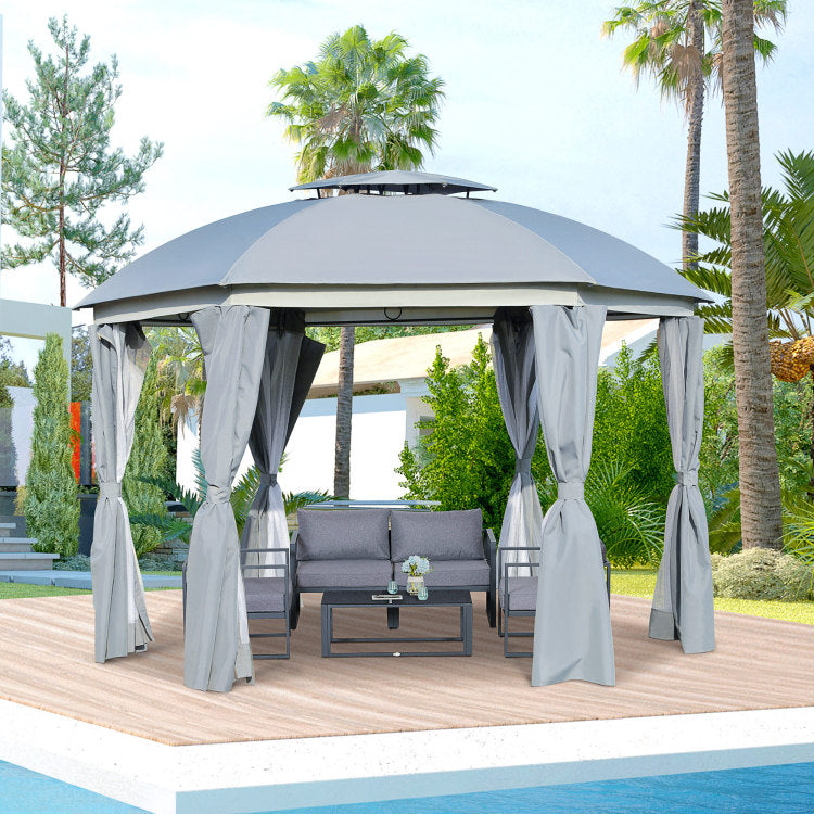 Outsunny 12' X 12' Round Outdoor Gazebo, Patio Dome Gazebo Canopy Shelter With Double Roof, Netting Sidewalls And Curtains, Zippered Doors, Strong Steel Frame, Grey