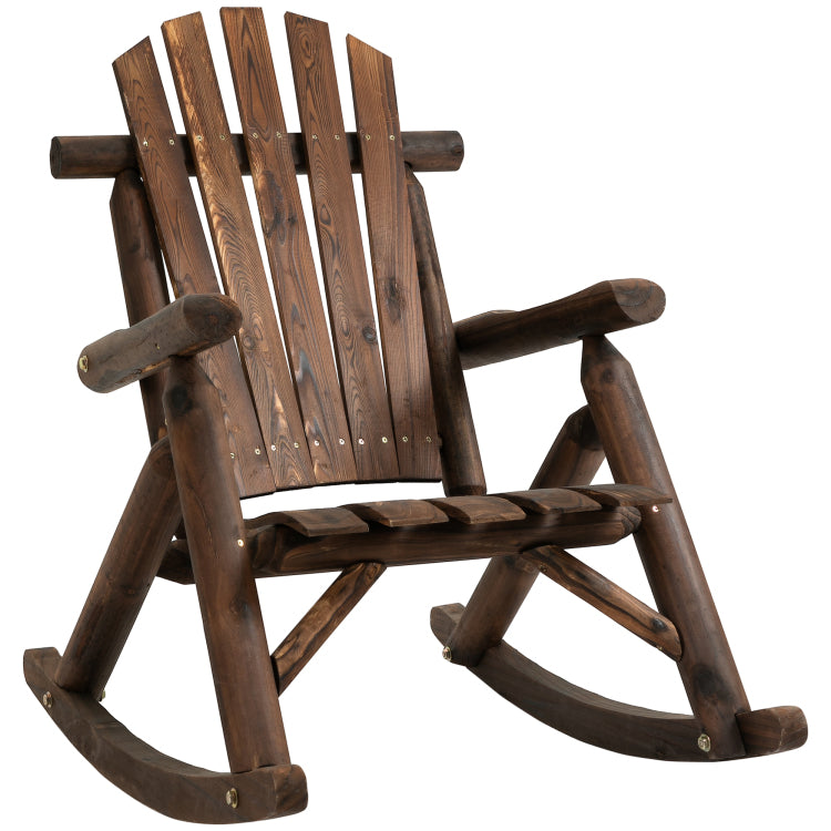 Outsunny Outdoor Wooden Rocking Chair, Single Person Adirondack Rocking Patio Chair With Rustic High Back, Slatted Seat And Backrest For Indoor, Backyard, Garden, Carbonized