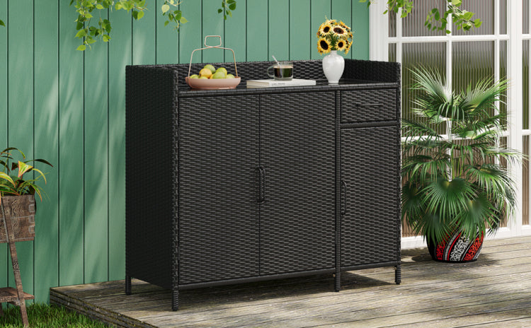 K&K 47.5"W Wicker Outdoor Storage Cabinet With Tempered Glass Desktop, Weather Proof Rattan Bar Table With Three Doors, Adjustable Shelf, And One Drawer, For Outdoor Cushions, Pool Toys , Black