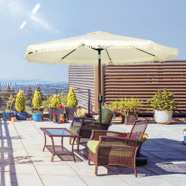 Outsunny 9Ft Patio Umbrella With Push Button Tilt And Crank, Ruffled Outdoor Market Table Umbrella With Tassles And 8 Ribs, For Garden, Deck, Pool, Cream White