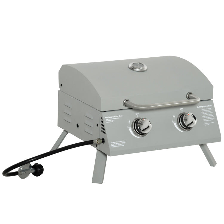 Outsunny 2 Burner Propane Gas Grill Outdoor Portable Tabletop Bbq With Foldable Legs, Lid, Thermometer For Camping, Picnic, Backyard, Light Grey