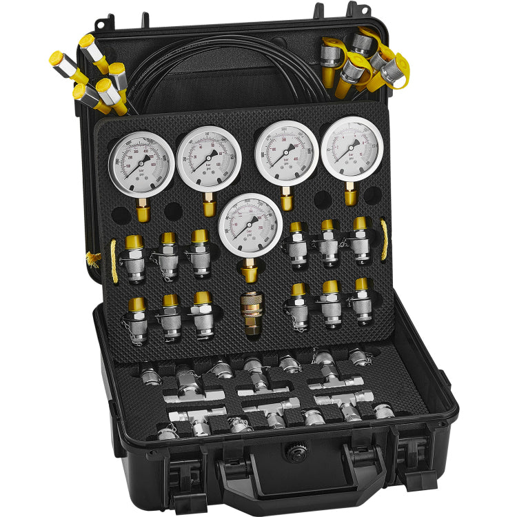 Hydraulic Pressure Test Kit, 10 100 250 400 600Bar, 5 Gauges 13 Couplings 14 Tee Connectors 5 Test Hoses, Excavator Hydraulic Test Gauge Set With Carrying Case For Excavator Tractors Machinery