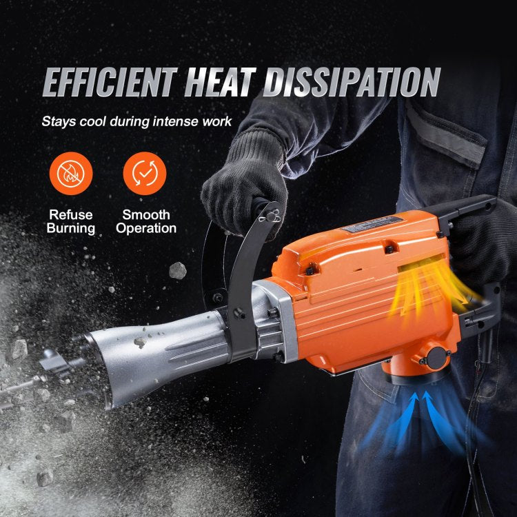 Demolition Jack Hammer, 2200W 1400 Bpm Jack Hammer Concrete Breaker, Heavy Duty Electric Jack Hammer 6Pcs Chisels Bit With Gloves, 360 C Swiveling Front Handle For Trenching And Breaking Holes