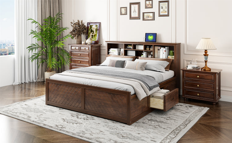 King Size Wood Platform Bed With Multi Storage Headboard, Usb And Drawers, Antique Wood Color