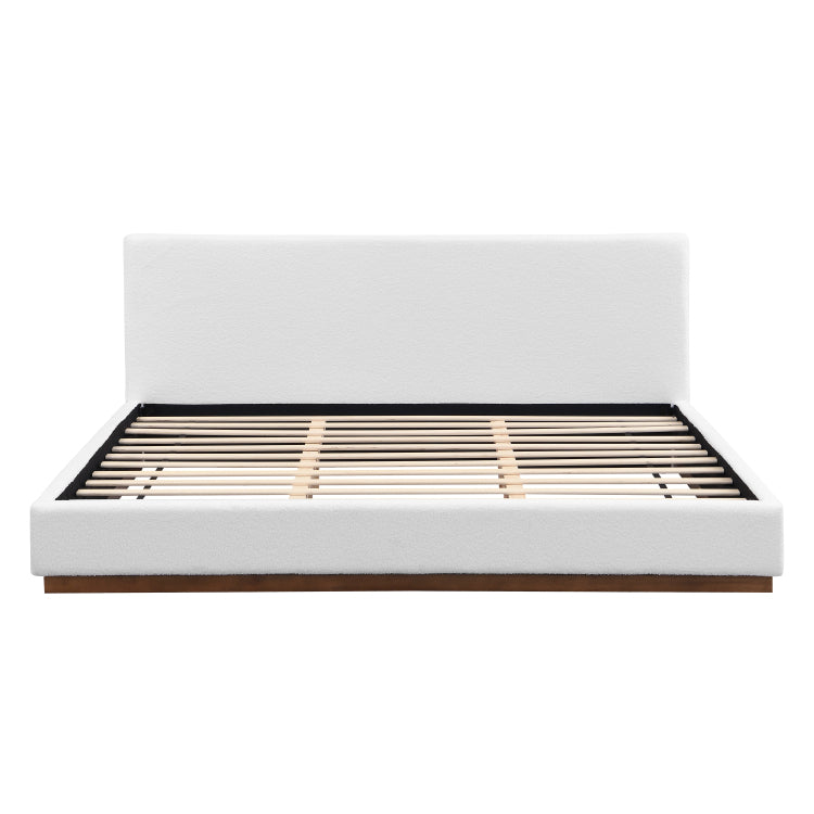 Elegant White Fabric Upholstered Bed With Nice Wood Grain Textured Brown Solid Wood Base Frame,White,King