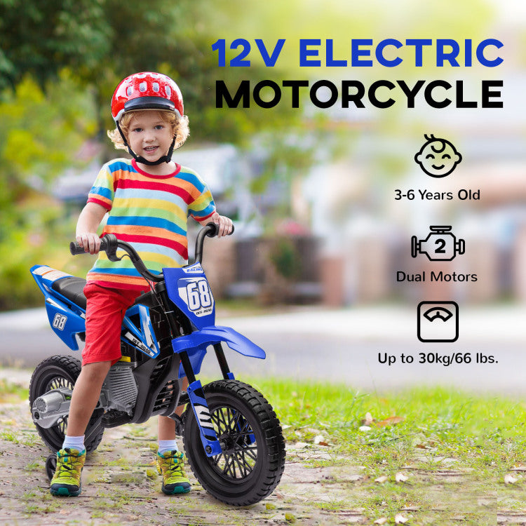 Qaba Kids Dirt Bike With Twist Grip Throttle, 12V Electric Motorcycle, Electric Bike For Toddler With Training Wheels, Rear Suspension & Music, Blue