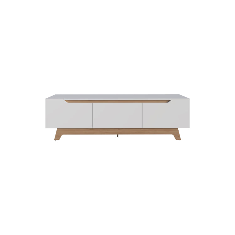 Woodall Tv Stand, Two Doors Modern Entertainment Center, Open Shelves And Cable Management, White Natural Oak