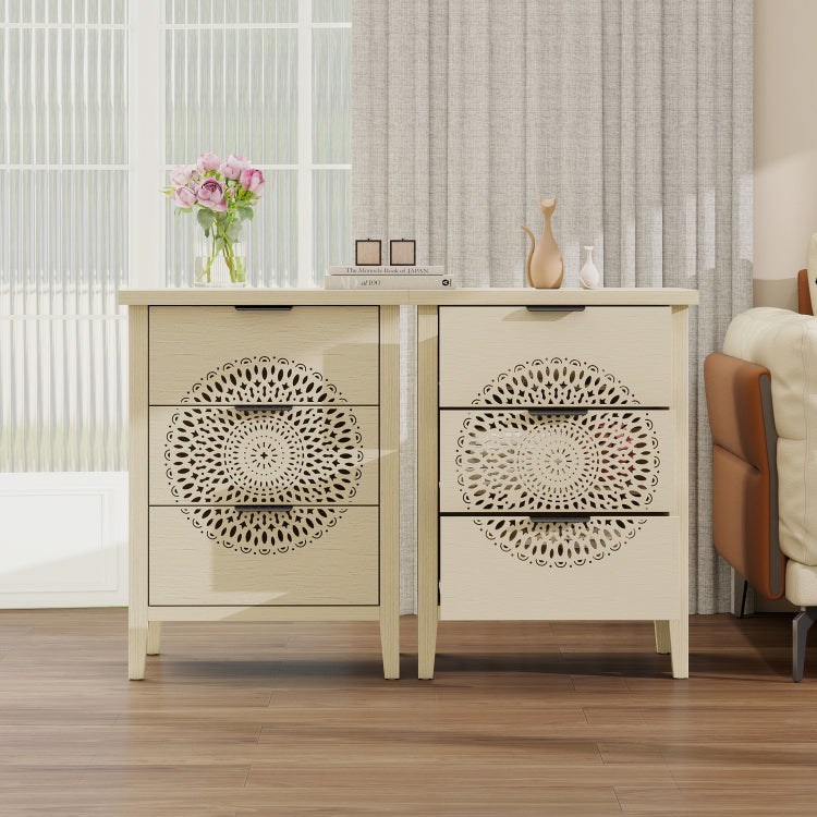 Hollow Carved 3 Drawer Cabinet Dresser Storage Chest With Metal Handles For Living Room Bedroom