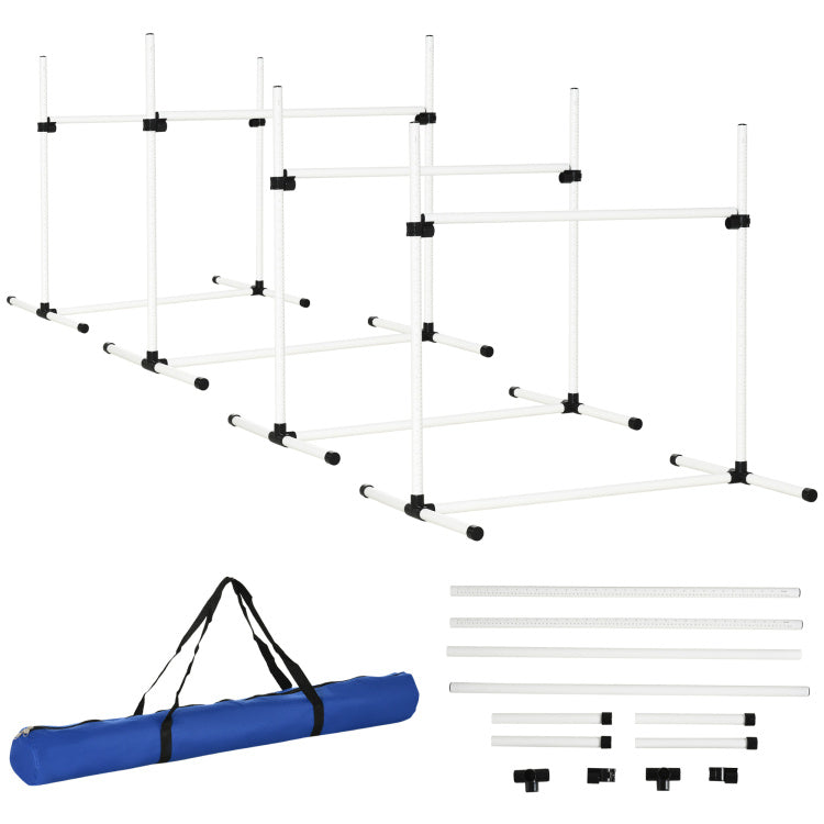 Pawhut 4 Piece Dog Agility Training Equipment For Dog Agility Course With Adjustable Height Jump Bars, Included Carry Bag, & Displacing Top Bar, White