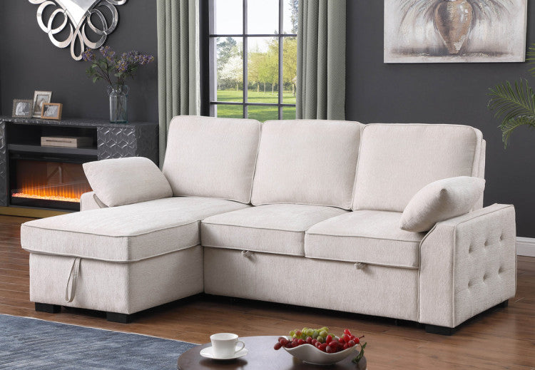 Marcello 91"W Beige Chenille Fabric Reversible Sleeper Sectional With Storage Chaise, Drop Down Table, Cup Holders And Charging Ports