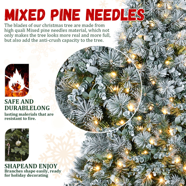 4Ft Prelit Flocked Christmas Tree With Pine Needles & Eucalyptus Leaves, 150 Warm White Led Lights, 404 Tips, Hinged Branches, Metal Stand Snowy Artificial Tree For Holiday Decor
