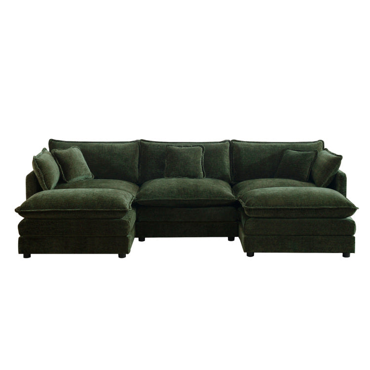 U Shaped Sectional Sofa W Reversible Footrest, 3 Seater Convertible Corner Couch With 2 Ottomans ,Modern Minimalist Soft Sofa & Couch For Living Room , Green Chenille