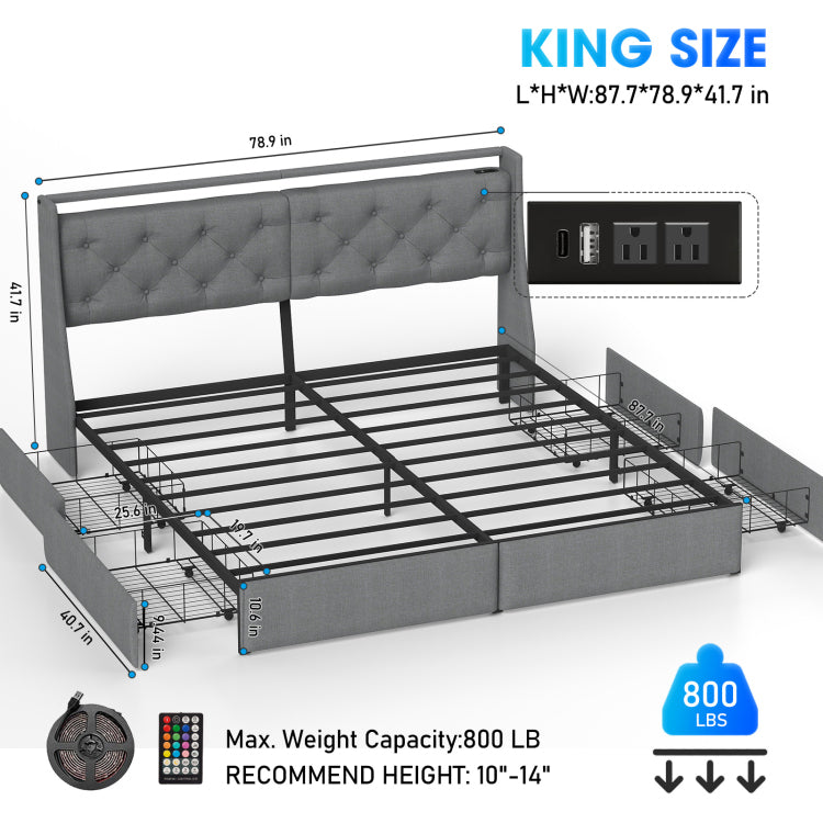 King Metal Platform Bed Frame Grey, Storage Headboard With Rgb Led & Charging Station
