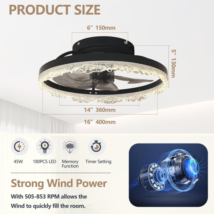 16" Decorative Led Light Modern Flush Mount With Crystal Inspired Acrylic Ring, Hidden Blades, Remote Control, And Dimmable Light For Stylish Homes Black