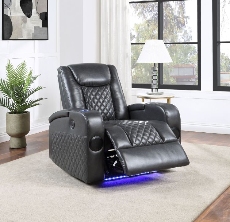 Alair Dark Gray Leather Aire Power Motion Recliner W Bluetooth, Wireless Charger & Cupholder