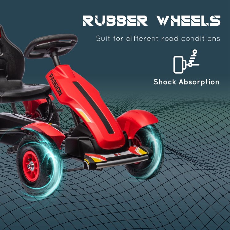 Aosom Kids Pedal Go Kart, Outdoor Ride On Toys With Adjustable Seat, Sharp Handling, Handbrake, 4 Non Slip Rubber Wheels For Boys & Girls Aged 5 12 Years Old, Red