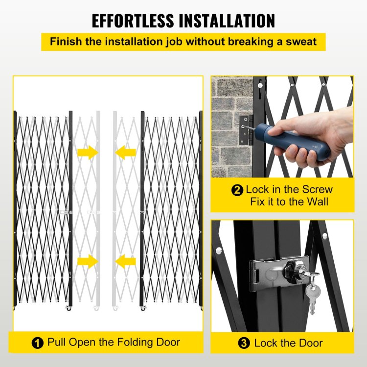 Double Folding Security Gate, 7.1' H X 12.5' W Folding Door Gate, Steel Accordion Security Gate, Flexible Expanding Security Gate, 360 Rolling Barricade Gate, Scissor Gate Or Door With Keys