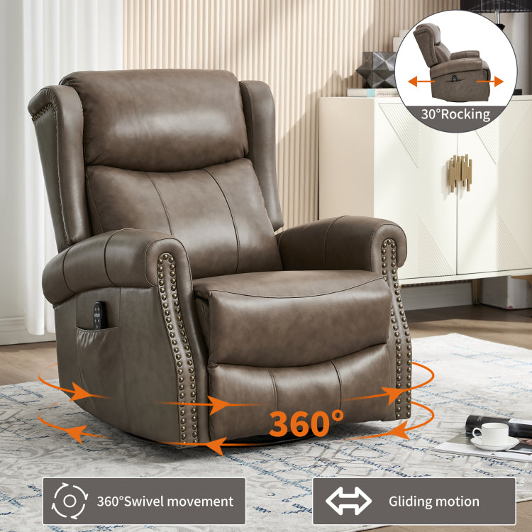 Heat Massage Manual Recliner Chair With Rocker And Swivel In Genuine Leather For Living Room