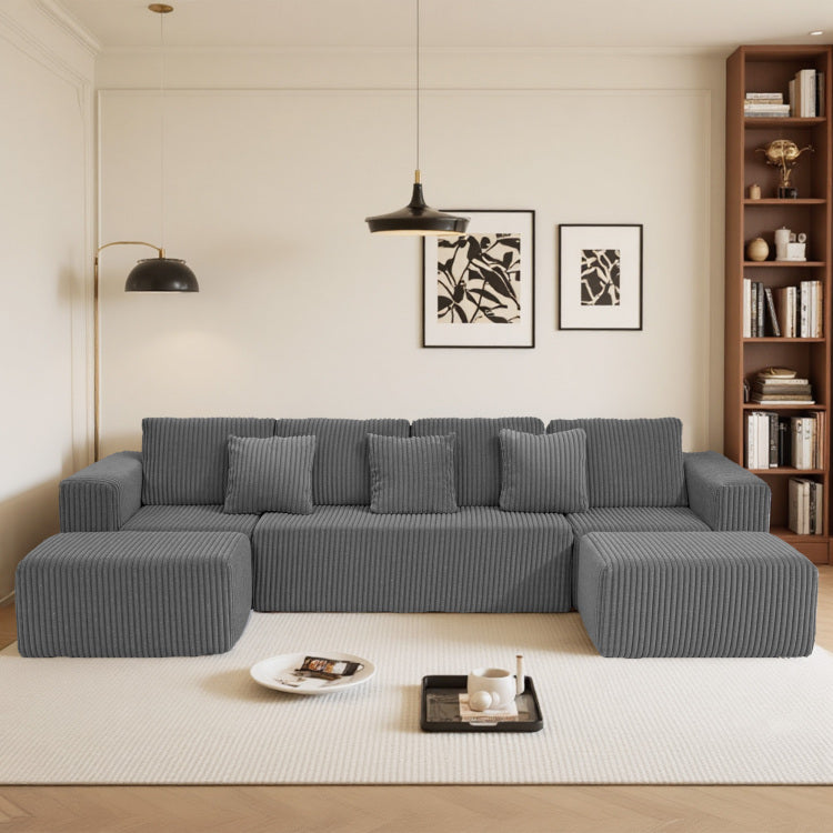 Modular U Shaped Sectional Sofa, 132 Inch 4 Seater With Reversible Chaise Lounge Gray Striped Corduroy Fabric, Modularly Adjustable For Living Room & Bedroom, Feat. Freely Configurable Layout