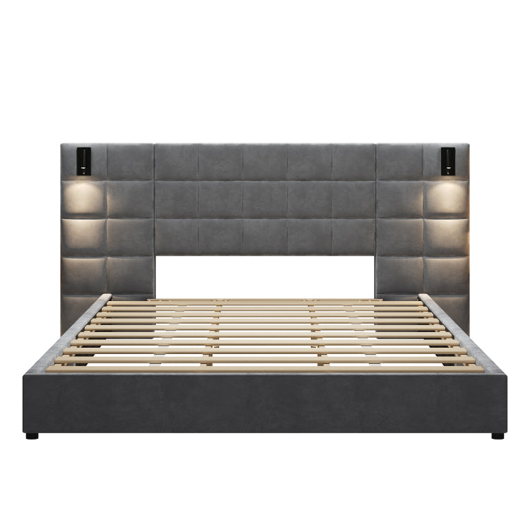 California King Size Upholstered Bed Frame,With Wall Sconce And Usb Port, Wide Headboard, Velvet, Gray