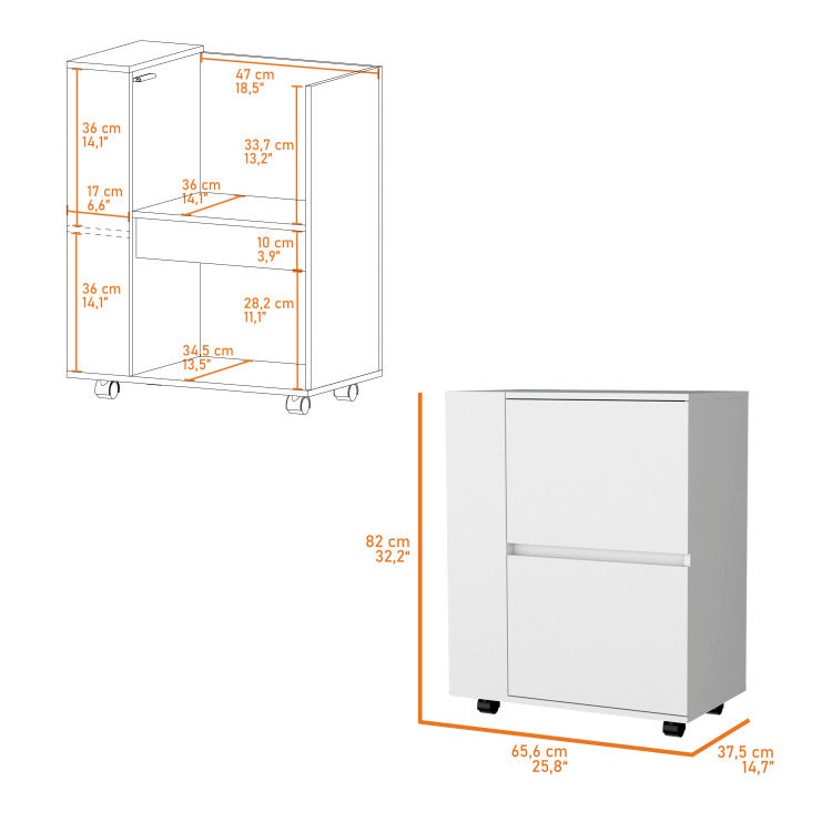 Logan Bar Cart With Two Cabinets And Open Shelves, White