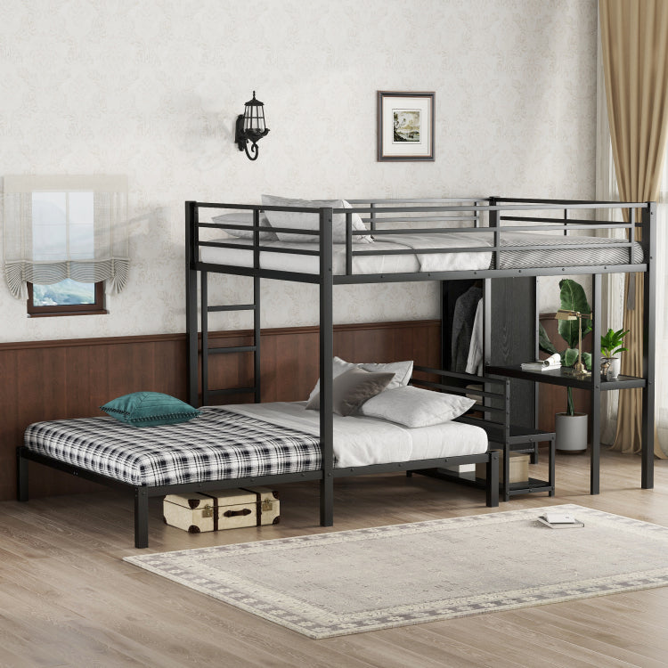 Queen Over Queen Size Bunk Bed Frame With Built In Wardrobe, Metal Bunk Bed With Desk And Storage Chairs, Black