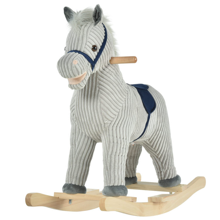 Qaba Kids Rocking Horse For Toddler 3 5, Plush Ride On Horse Wooden Rocker With Realistic Sounds, Gray