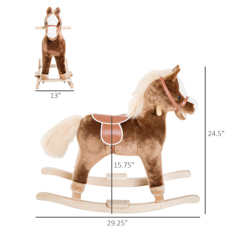 Qaba Kids Rocking Horse, Plush Toddler Rocker, Wooden Base Ride On Toy With Handle Grip, Traditional Toy For Kids 36M , Brown