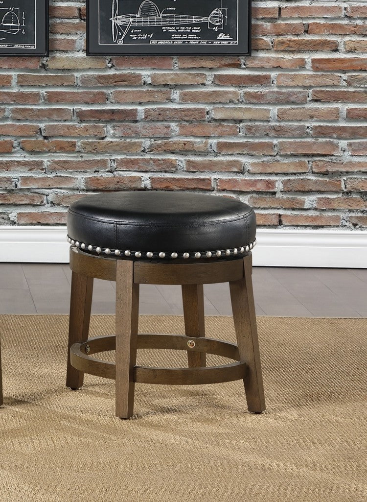 Round Swivel Stool Set Of 2, Black Faux Leather 360 Degree Swivel Seat Nailhead Trim Solid Wood Frame Brown Finish Transitional Style Furniture