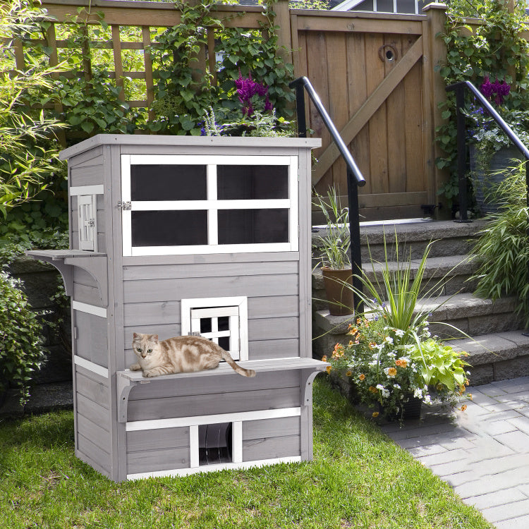 Pawhut 3 Story Cat House Feral Cat Shelter, Outdoor Kitten Condo With Raised Floor, Asphalt Roof, Escape Doors, Jumping Platforms, Grey