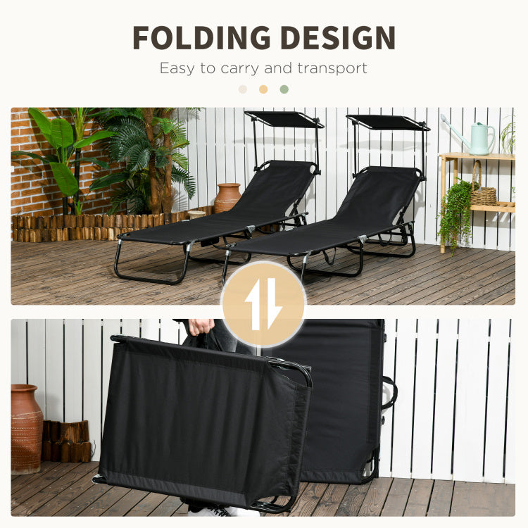 Outsunny Folding Chaise Lounge Pool Chairs, Outdoor Sun Tanning Chairs With Canopy Shade, Reclining Back, Steel Frame And Side Pocket For Beach, Yard, Patio, Black