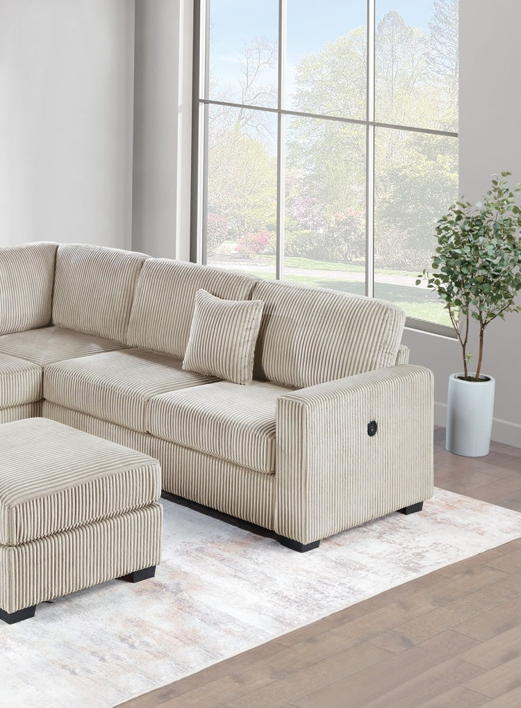 Living Room Corduroy Upholstered Camel 4Pc Sectional Set Raf Laf One Arm Loveseat W Usb, Corner Wedge, Cocktail Ottoman Cushion Couch