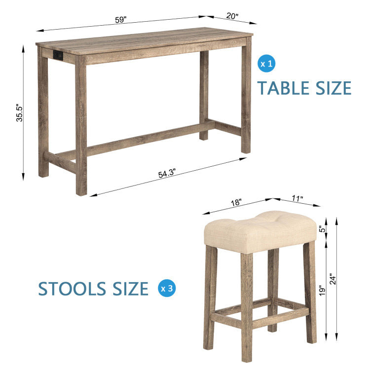 4 Piece Bar Table Set With Power Outlet, Dining Bar Table And Chairs Set,Bar Table Set With 3 Padded Stools For Living Room, Dining Room, Game Room, Brown