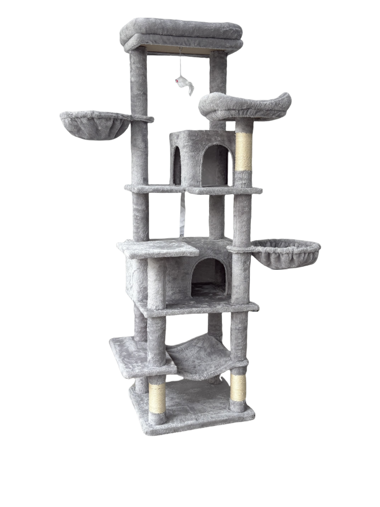 68In Tall Multi Level Green Cat Tree With Hammocks, Hanging Basket, Cat Cave, Removeable Cushion, Scratching Posts Plush Cat Tower For Indoor Cats, Perfect For Multiple Cats Grey