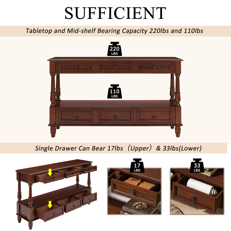Solid Wood Console Table With 6 Drawers And Shelf, Vintage 54'' 2 Tier Wood Couch Foyer Table For Living Room, Hallway, Entrance Cherry